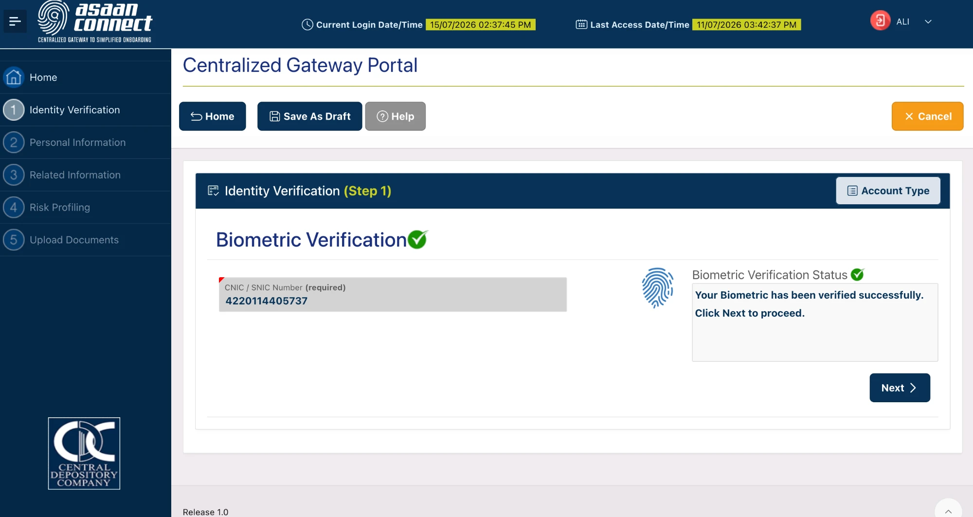CGP portal Identity Verification step showing the Account Type button in the top-right corner of the Biometric Verification panel