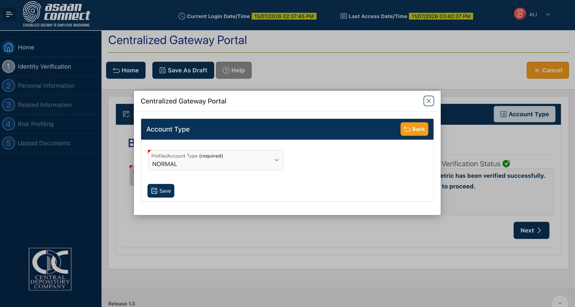 Account Type modal on the CGP portal with a Profile/Account Type dropdown set to NORMAL and a Save button