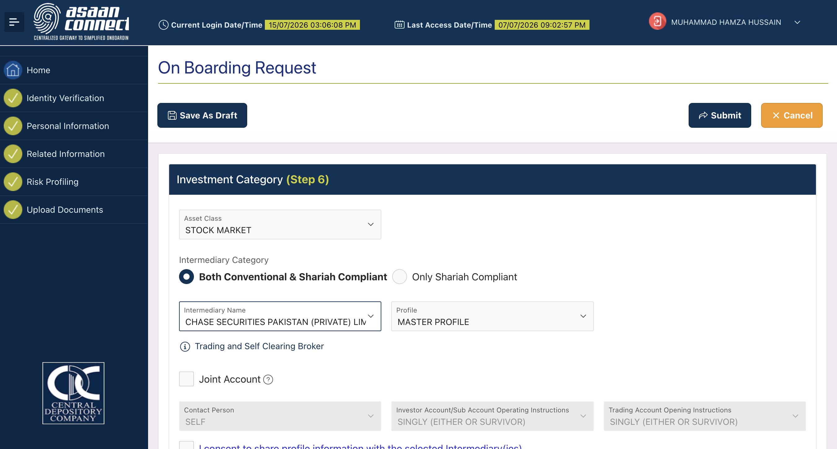 CGP portal Intermediary Broker Name field showing Chase Securities as the correct selection