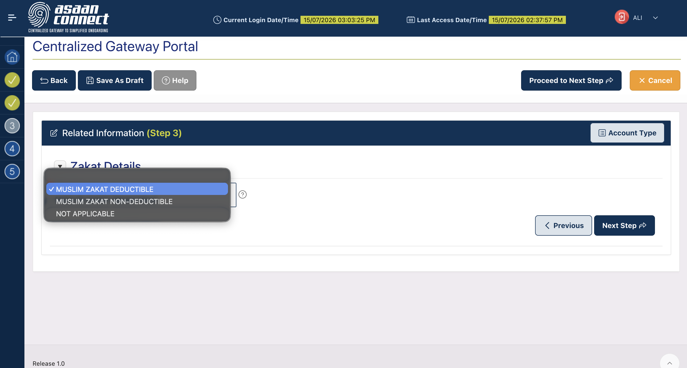 CGP portal Zakat field with the Muslim — Zakat Deductible option selected