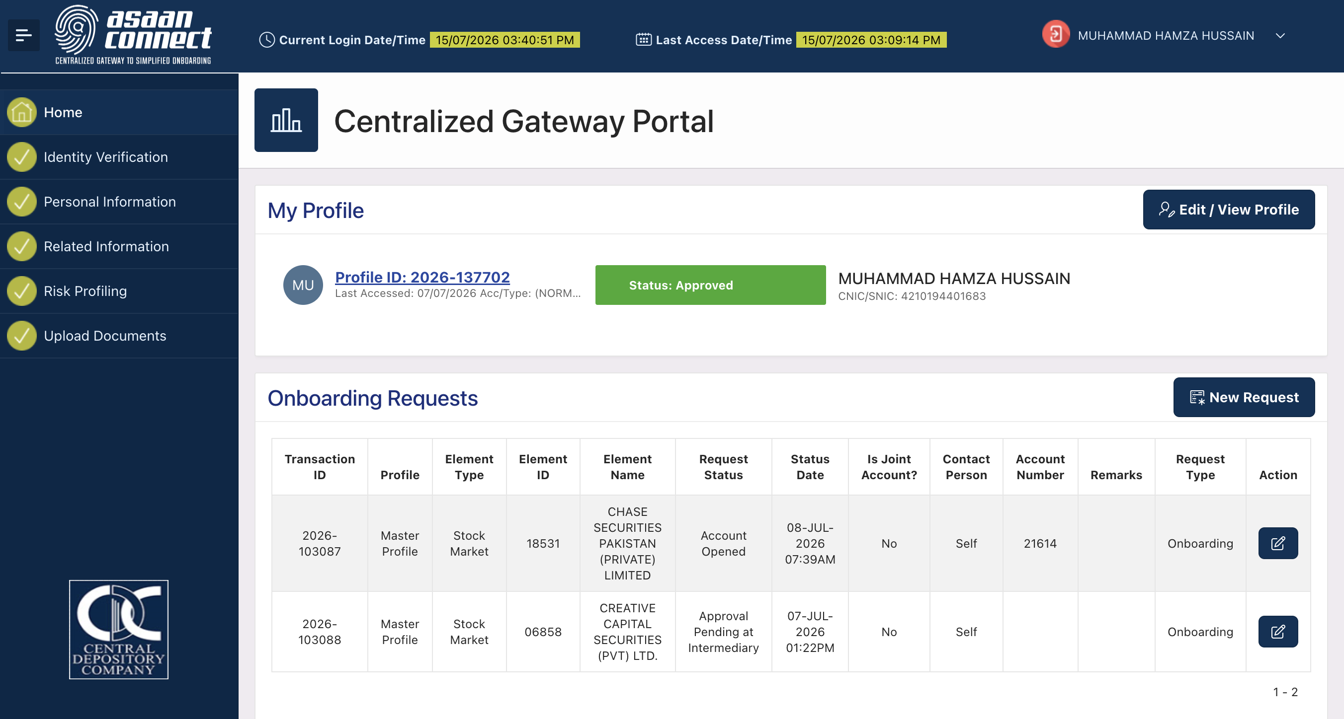CGP portal showing the option to open a new broker account request from an existing CGP profile